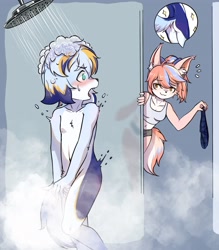 Size: 2237x2550 | Tagged: safe, artist:xiao langao, oc:xiao langao, canid, dog, mammal, anthro, cub, female, girl, male, teen, young, colored, digital, fully shaded, blue fur, blue hair, duo, fur, nudity, orange fur, orange hair, shower, soap, solo focus, white fur
