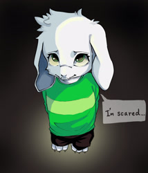 Size: 2287x2673 | Tagged: safe, artist:shi menjizhi, asriel dreemurr, boss monster, goat, ungulate, anthro, boy, cub, male, plantigrade, solo boy, solo cub, solo male, young, undertale, colored, digital, clothing, dialogue, english text, fang, fur, green eyes, kemono, kemoshota, looking up, solo, teeth, white fur
