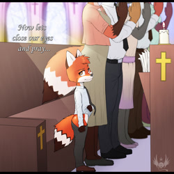 Size: 1750x1750 | Tagged: suggestive, artist:diman, oc:william (rokukeshiba), adult, anthro, boy, cub, male, males only, plantigrade, young, colored, digital, church, clothing, dialogue, dress shirt, english text, exposing, flashing, fur, in church, looking at you, necktie, orange fur, pants, public, religion, shoes, solo focus, undressing, undressing self, white fur