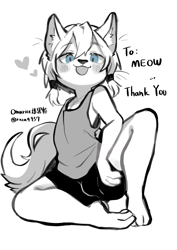 Size: 2894x4093 | Tagged: safe, artist:omurice, cat, felid, anthro, boy, cub, male, plantigrade, solo boy, solo cub, solo male, young, digital, limited palette, sketch, blep, blue eyes, bulge, fur, hair, kemono, kemoshota, looking at you, shorts, solo, tank top, tongue out