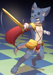 Size: 1872x2621 | Tagged: safe, artist:cubboard, dragon, furred dragon, mythological creature, anthro, boy, cub, male, plantigrade, solo boy, solo cub, solo male, young, digital, cape, clothing, fundoshi, fur, kemono, kemoshota, navel, nipples, red clothing, solo, sword, topless, weapon