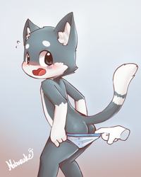 Size: 1845x2304 | Tagged: safe, artist:nobusuke, cat, felid, anthro, boy, cub, male, solo boy, solo cub, solo male, young, colored, digital, fully shaded, 2017, blushing, butt, clothing, disembodied hand, fur, gray fur, kemono, kemoshota, open mouth, solo, solo focus, tail, topless, undressing, undressing partner, white fur