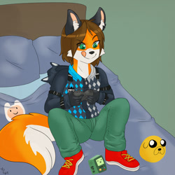 Size: 1280x1280 | Tagged: safe, artist:phuufy, oc:james (cookiesthefox), anthro, boy, male, plantigrade, solo boy, solo male, solo teen, teen, young, colored, digital, bed, brown hair, clothing, fur, game controller, gaming, green eyes, hair, hoodie, licking, licking lips, orange fur, playing, plushie, solo, tongue out, white fur