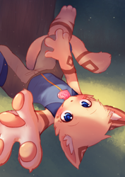 Size: 2382x3368 | Tagged: safe, artist:nobusuke, cat, felid, anthro, boy, cub, male, solo boy, solo cub, solo male, young, alternate version, colored, digital, fully shaded, beckoning, blue eyes, blushing, clothing, daytime, fur, gesture, grass, kemono, kemoshota, looking at you, navel, outdoors, reaching out, solo