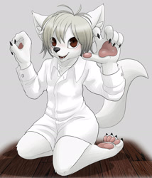 Size: 2273x2651 | Tagged: safe, artist:yamori, oc:misha (yamori), arctic wolf, canid, mammal, wolf, anthro, boy, cub, male, solo boy, solo cub, solo male, young, blonde hair, blushing, brown eyes, claws, clothing, dress shirt, fingers, fur, hair, kemono, kemoshota, kneeling, looking at you, pawpads, paws, solo, white fur