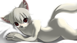 Size: 2880x1620 | Tagged: safe, artist:yamori, oc:misha (yamori), canid, mammal, wolf, anthro, boy, cub, male, solo boy, solo cub, solo male, young, 5 fingers, blushing, brown eyes, butt, claws, fingers, fur, hair, looking at you, lying, nudity, short hair, solo, white fur