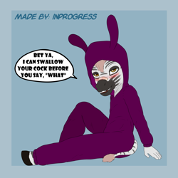 Size: 2000x2000 | Tagged: suggestive, artist:inprogress, oc:ajax, equid, zebra, anthro, boy, cub, male, plantigrade, solo boy, solo cub, solo male, young, black fur, blushing, clothing, dialogue, drop seat pajamas, english text, fur, hood up, kigurumi, looking at you, onesie, pajamas, sleepwear, solo, stripes, white fur