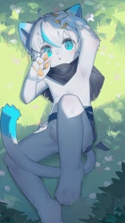 Size: 1144x2048 | Tagged: safe, artist:the flying rat, cat, felid, anthro, boy, cub, male, solo boy, solo cub, solo male, young, colored, digital, blue eyes, clothing, fur, kemono, kemoshota, looking at you, on back, solo, tail, topless, white fur