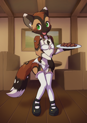 Size: 2480x3508 | Tagged: safe, artist:minum, oc:nora (rednet111), african wild dog, canid, anthro, boy, cub, male, plantigrade, solo boy, solo cub, solo male, young, alternate version, cel shaded, colored, digital, blushing, clothing, food, fur, green eyes, kemono, kemoshota, lingerie, looking at you, panties, restaurant, shoes, solo, stockings, underwear