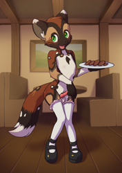 Size: 2480x3508 | Tagged: safe, artist:minum, oc:nora (rednet111), african wild dog, canid, anthro, boy, cub, male, plantigrade, solo boy, solo cub, solo male, young, alternate version, cel shaded, colored, digital, balls, blushing, canid penis, clothing, erection, feral penis, food, fur, green eyes, kemono, kemoshota, knot, lingerie, looking at you, panties, penis, restaurant, shoes, solo, stockings, topless, underwear