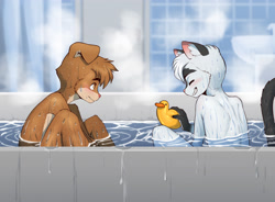 Size: 4000x2947 | Tagged: safe, artist:diman, canid, cat, dog, felid, mammal, anthro, anthro/anthro, boy, boys only, cub, cubs only, male, males only, plantigrade, young, colored, digital, fully shaded, bath, bathing, bathroom, blushing, brown fur, duo, eyes closed, floppy ears, fur, nudity, smiling, water, wet, white fur