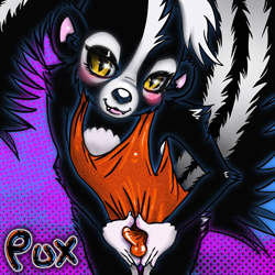 Size: 1500x1500 | Tagged: suggestive, artist:pux, oc:pux, mustelid, skunk, anthro, boy, cub, male, slender, solo boy, solo cub, solo male, twink, young, colored, black fur, blushing, bottomless, bulge, clothing, erection, erection under clothing, fang, fur, looking at you, solo, tank top, teeth, white fur