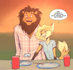 Size: 750x724 | Tagged: suggestive, artist:sasha belle, artist:terril, oc:sabrina (sasha belle), oc:terril, canid, felid, fox, lion, mammal, red fox, adult, adult/cub, adult/young, anthro, anthro/anthro, cub, cub on adult, female, girl, male, male/female, man, slender, young, colored, digital, flat colored, age difference, blonde hair, clothing, cub dom, dialogue, duo, english text, flat breasts, foreplay, fur, groping, hair, yellow fur