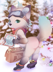 Size: 782x1049 | Tagged: safe, artist:ern, anthro, boy, cub, male, plantigrade, solo boy, solo cub, solo male, young, christmas, alternate version, balls, bow, butt, goggles, goggles on head, green eyes, looking at you, nudity, outdoors, panting, presenting, raised tail, snow, solo, tongue out, winter
