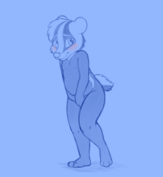 Size: 7289x7879 | Tagged: suggestive, artist:peppercorn, oc:jeremy (rokukeshiba), badger, mammal, mustelid, anthro, boy, cub, male, solo boy, solo cub, solo male, young, limited palette, sketch, 2021, blushing, embarrassed, nudity, precum, solo