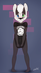 Size: 2276x4000 | Tagged: suggestive, artist:poulet, oc:jeremy (rokukeshiba), badger, mammal, mustelid, anthro, boy, cub, male, plantigrade, slender, solo boy, solo cub, solo male, young, colored, digital, flat colored, 2021, blushing, bottomless, clothing, embarrassed, erection, erection under clothing, green eyes, looking at you, shirt, solo