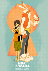 Size: 600x888 | Tagged: safe, artist:patepattey, kazuma ikezawa, king kazma, human, lagomorph, mammal, rabbit, anthro, boy, boys only, cub, male, males only, young, summer wars, clothing, denim clothing, duo, eyewear, footwear, fur, goggles, goggles on head, headphones, headphones around neck, jeans, open clothing, open shirt, pants, shipping, shoes, shorts, shotacon, sneakers