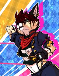 Size: 1063x1372 | Tagged: safe, artist:creampup, oc:athan (creampup), canid, fox, mammal, anthro, boy, male, slender, solo boy, solo male, solo teen, teen, twink, young, colored, digital, fully shaded, 2020, clothing, cosplay, green eyes, navel, solo