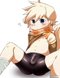 Size: 764x1000 | Tagged: suggestive, artist:tororoudn, canid, dog, mammal, anthro, boy, cub, male, solo boy, solo cub, solo male, young, black underwear, blue eyes, blushing, boxer-briefs, bulge, butt, clothing, detailed bulge, erection, erection under clothing, footwear, fur, kemono, kemoshota, leaning back, legwear, nipples, on all fours, scarf, shirt lift, socks, solo, spats, tan fur, underwear
