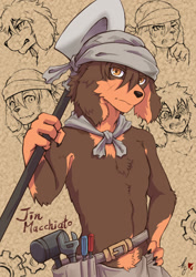Size: 908x1280 | Tagged: safe, artist:baroque, jin macchiato, basset hound, canid, caninu, dog, mammal, anthro, boy, cub, male, slender, solo boy, solo cub, solo male, young, fuga: melodies of steel, little tail bronx, cel shaded, colored, digital, sketch page, blushing, brown fur, clothing, doo rag, expressions, floppy ear, floppy ears, fur, kerchief, neckerchief, overalls, scar, shovel, solo, tool, tool belt, topless