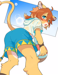 Size: 3171x4093 | Tagged: suggestive, artist:konazarame, big cat, felid, feline, lion, mammal, anthro, boy, cub, male, solo boy, solo cub, solo male, young, ball, blue eyes, blue swimming trunks, blushing, brown ear tips, brown hair, butt, butt focus, cheek tuft, clothing, eyebrows, fur, hair, lens flare, looking at you, looking back, looking back at you, looking over shoulder, ponytail, pupils, shirt, solo, sports, sweat, swim trunks, swimwear, t-shirt, tail, volleyball, whiskers