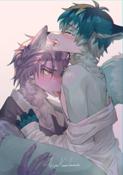 Size: 1240x1754 | Tagged: suggestive, artist:akiya kamikawa, canid, mammal, anthro, anthro/anthro, boy, boys only, male, male/male, males only, slender, teen, teen/teen, twink, young, crying, duo, fur, green fur, hair, kemono, nipple oral, purple fur, tears