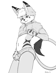 Size: 3000x3900 | Tagged: suggestive, artist:foxzor, big cat, canid, felid, feline, hybrid, lion, mammal, wolf, anthro, boy, cub, femboy, male, slender, solo boy, solo cub, solo male, solo teen, teen, twink, young, grayscale, limited palette, monochrome, blep, blushing, briefs, bulge, bulge grab, clothing, fur, hair, hoodie, looking at self, navel, precum, solo, tongue out, underwear, undressing, undressing self