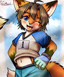 Size: 866x1034 | Tagged: safe, artist:wolfeed, canid, fox, mammal, red fox, anthro, boy, cub, male, slender, solo boy, solo cub, solo male, young, colored, digital, fully shaded, black fur, brown hair, clothing, cloud, fang, fur, hair, kemono, kemoshota, navel, open mouth, orange fur, outdoors, shorts, sky, smiling, soccer uniform, solo, sports uniform, tail, teeth, tongue, winking