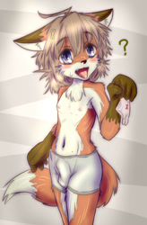 Size: 654x1000 | Tagged: suggestive, artist:wolfeed, canid, fox, mammal, red fox, anthro, boy, cub, male, solo boy, solo cub, solo male, young, colored, digital, fully shaded, 2016, black fur, blonde hair, blushing, boxer-briefs, bulge, clothing, confused, fang, fur, hair, kemono, kemoshota, looking up, orange fur, panties, pecs, solo, tail, teeth, topless, underwear, white fur, winking