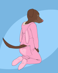 Size: 1024x1280 | Tagged: safe, artist:kyler, oc:kyler, canid, dog, labrador, mammal, anthro, boy, cub, male, plantigrade, solo boy, solo cub, solo male, young, colored, digital, flat colored, clothing, drop seat pajamas, fur, hood down, kigurumi, looking at you, nipples, nudity, pajamas, sleepwear, solo, stylus
