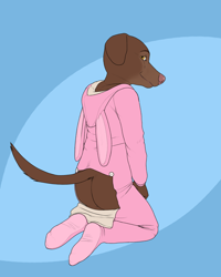 Size: 1024x1280 | Tagged: safe, artist:kyler, oc:kyler, canid, dog, labrador, mammal, anthro, boy, cub, male, plantigrade, solo boy, solo cub, solo male, young, colored, digital, flat colored, butt, clothing, drop seat pajamas, fur, hood down, kigurumi, looking at you, looking back, looking back at you, naughty face, nipples, nudity, pajamas, sleepwear, solo, stylus