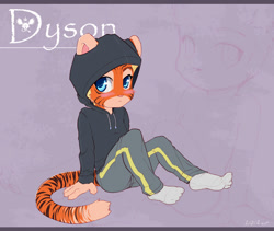 Size: 1000x842 | Tagged: safe, artist:diman, oc:dyson, big cat, felid, feline, mammal, tiger, anthro, boy, cub, male, plantigrade, solo boy, solo cub, solo male, young, ai enhanced, alternate version, colored, digital, fully shaded, 2012, blushing, clothing, fur, hoodie, looking at you, socks, solo