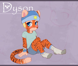 Size: 1000x842 | Tagged: safe, artist:diman, oc:dyson, big cat, felid, feline, mammal, tiger, anthro, boy, cub, male, plantigrade, solo boy, solo cub, solo male, young, ai enhanced, colored, digital, fully shaded, blushing, clothing, fur, hat, looking at you, socks, solo