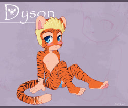 Size: 1000x842 | Tagged: safe, artist:diman, oc:dyson, big cat, felid, feline, mammal, tiger, anthro, boy, cub, male, plantigrade, solo boy, solo cub, solo male, young, ai enhanced, alternate version, colored, digital, fully shaded, 2012, blonde hair, blushing, briefs, claws, clothing, fur, hair, looking at you, nipples, pawpads, solo, topless, underwear
