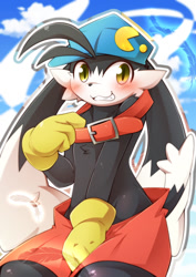 Size: 849x1200 | Tagged: suggestive, artist:yoda taba, klonoa, felid, hybrid, lagomorph, mammal, rabbit, anthro, boy, cub, male, solo boy, solo cub, solo male, young, klonoa series, blushing, clothing, collar, fur, gloves, hat, kemono, kemoshota, looking at you, solo, teeth, topless