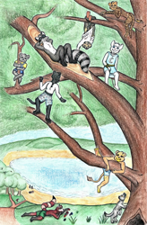 Size: 1280x1950 | Tagged: safe, artist:benraccoon, cat, felid, feline, leopard, mammal, mouse, raccoon, rodent, anthro, anthro/anthro, boy, boys only, feral, male, males only, young, colored, flat colored, traditional, clothing, fur, group, nudity, outdoors, topless, tree
