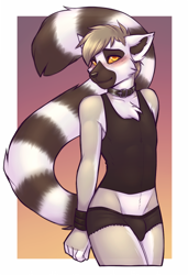 Size: 448x654 | Tagged: suggestive, artist:lockworkorange, oc only, oc:tirin, lemur, mammal, primate, ring-tailed lemur, anthro, boy, femboy, male, solo boy, solo male, young, amber eyes, bulge, clothing, collar, crop top, fur, long tail, paws, solo, striped tail, tail, tank top, underpaw