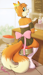 Size: 1800x3152 | Tagged: safe, artist:punkpega, miles prower, canid, fictional species, fox, kitsune, mammal, anthro, boy, femboy, male, slender, solo boy, solo male, solo teen, teen, twink, young, sonic series, 2016, blue eyes, cafe, clothing, coffee, crossdressing, fluffy tail, fur, knee socks, leg warmers, legwear, looking back, maid outfit, multiple tails, panties, phone, skirt, solo, tail, two tails, underwear, upskirt