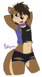 Size: 1272x2326 | Tagged: safe, artist:punkpega, oc only, oc:ozzy, mammal, mustelid, otter, anthro, boy, femboy, male, slender, solo boy, solo male, solo teen, teen, twink, young, colored, digital, flat colored, 2017, bulge, clothing, collar, crop top, fur, phone, pin, purple eyes, short shorts, shorts, signature, solo, tail, torn clothes, underwear, whiskers