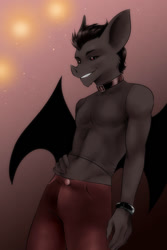 Size: 1000x1500 | Tagged: safe, artist:hushicho, oc:nox (hushicho), bat, chiropteran, demon, mammal, mythological creature, anthro, boy, male, slender, solo boy, solo male, solo teen, teen, twink, young, 2024, collar, fur, goth, looking at you, navel, solo, wings