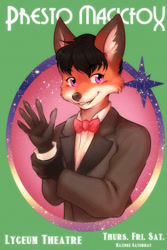 Size: 1000x1500 | Tagged: safe, artist:hushicho, oc:presto magicfox, canid, fox, mammal, red fox, anthro, boy, male, solo boy, solo male, young, colored, digital, fully shaded, poster design, 2024, black hair, blushing, bowtie, clothing, english text, fur, hair, looking at you, orange fur, solo, suit, violet eyes, white fur