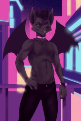 Size: 1000x1500 | Tagged: safe, artist:hushicho, oc:nox (hushicho), bat, chiropteran, demon, mammal, mythological creature, anthro, boy, male, solo boy, solo male, young, colored, digital, fully shaded, black fur, city, clothing, collar, fishnet clothing, fishnet tank top, fur, looking at you, membranous wings, nipples, red eyes, solo, wings