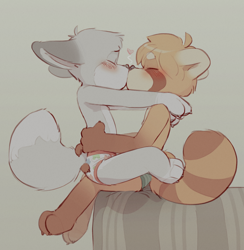 Size: 1944x1988 | Tagged: safe, artist:skidoo, oc:felix (skidoo), oc:max (skidoo), canid, fox, gray fox, mammal, red panda, anthro, anthro/anthro, boy, boys only, cub, cub/cub, cubs only, male, male/male, males only, young, colored, digital, flat colored, blushing, briefs, clothing, duo, eyes closed, fur, kissing, pattern briefs, topless, underwear