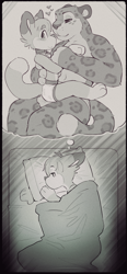 Size: 1536x3316 | Tagged: safe, artist:skidoo, adult, anthro, anthro/anthro, boy, cub, male, male/male, males only, man, man/boy, young, digital, grayscale, limited palette, sketch, age difference, cuddling, dreaming, duo, fur, sleeping