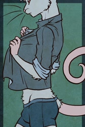 Size: 853x1280 | Tagged: safe, artist:bix707, oc:biscuit, mammal, murid, rat, rodent, anthro, boy, male, slender, solo boy, solo male, twink, young, albino, boxer-briefs, clothing, fur, furgonomics, red eyes, solo, standing, tail, underwear, undressing, undressing self, whiskers, white fur