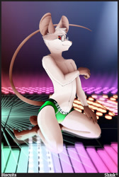 Size: 861x1280 | Tagged: safe, artist:shiuk, mammal, murid, rat, rodent, anthro, boy, male, slender, solo boy, solo male, solo teen, teen, twink, young, colored, digital, fully shaded, 4 fingers, big ears, briefs, bulge, claws, clothing, eyewear, feet, fingers, fur, glasses, looking at you, raised tail, rave, red eyes, solo, tail, text, topless, underwear, white fur