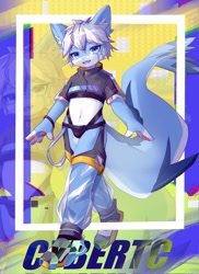 Size: 1495x2048 | Tagged: safe, artist:coooky, oc:cybertc, anthro, boy, cub, male, plantigrade, solo boy, solo cub, solo male, young, colored, digital, fully shaded, blue fur, bulge, clothing, fur, navel, solo, white fur