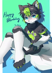 Size: 1448x2048 | Tagged: safe, artist:coooky, oc:koto, canid, mammal, anthro, boy, cub, male, plantigrade, solo boy, solo cub, solo male, young, black hair, blue eyes, blushing, claws, clothing, fur, green hair, hair, looking at you, paws, shorts, solo