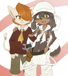 Size: 1844x2048 | Tagged: safe, artist:futa tsuchi, artist:futatsuchi, jin macchiato, kyle bavarois, basset hound, canid, caninu, cat, dog, felid, feline, felineko, mammal, anthro, anthro/anthro, boy, boy/boy, boys only, cub, cub/cub, cubs only, male, male/male, males only, young, young/young, fuga: melodies of steel, little tail bronx, colored, digital, flat colored, belt, blushing, brown hair, clothing, duo, fur, hair, hair over one eye, kemono, kemoshota, kerchief, looking at you, open mouth, overalls, pants, screwdriver, shipping, shorts, smiling, tail, tan body, tan fur, tool, tool belt, topless, wrench
