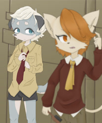 Size: 1653x2002 | Tagged: safe, britz strudel, kyle bavarois, canid, caninu, cat, doberman, dog, felid, feline, felineko, mammal, anthro, boy, boys only, cub, cubs only, male, males only, young, fuga: melodies of steel, little tail bronx, colored, digital, flat colored, blurred character, blurred foreground, brown hair, clothing, duo, fur, getting dressed, hair, kemono, kemoshota, tan fur, white hair